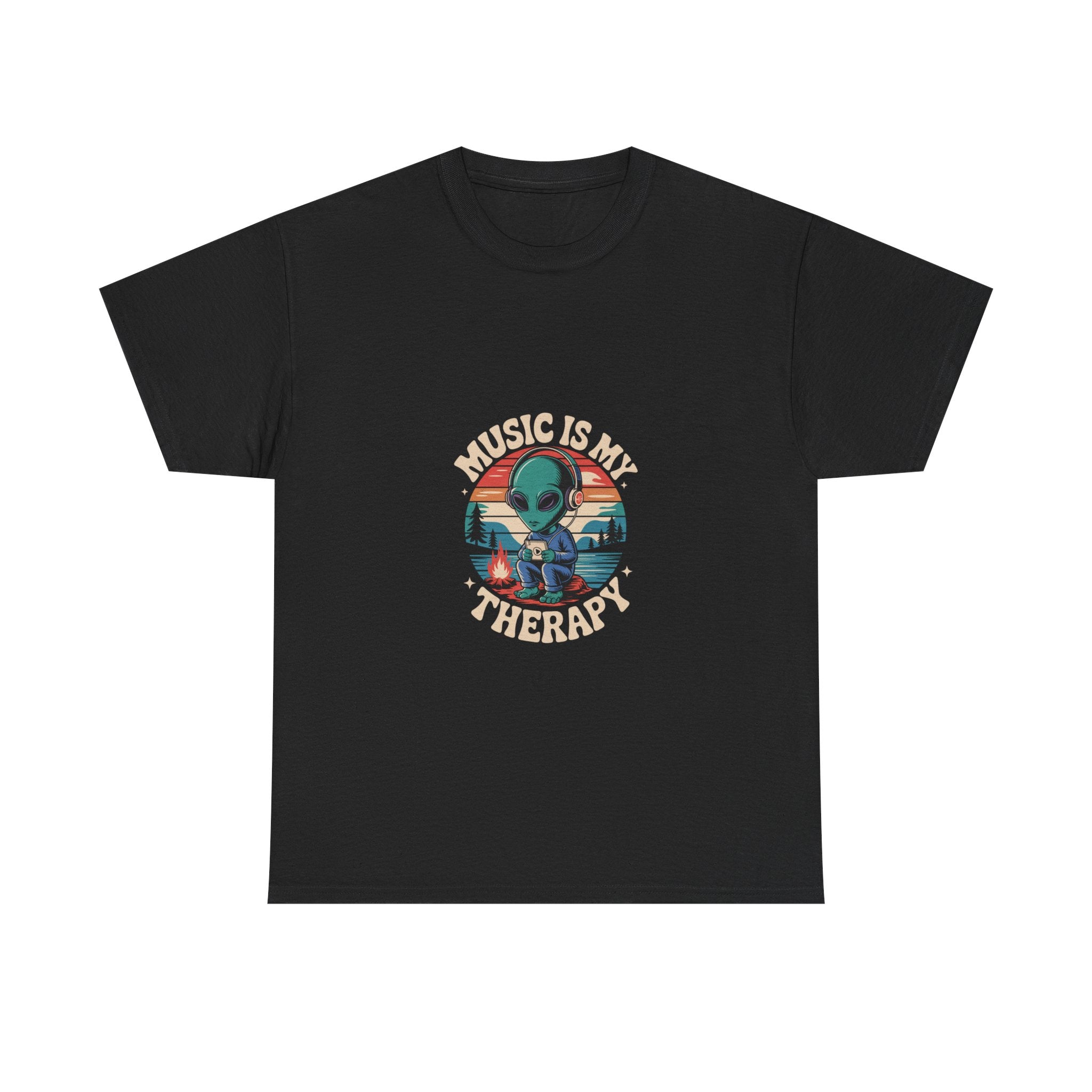 Impressley “Music Is My Therapy” T-Shirt – Funny Alien Headphones Tee for Men & Women | Cute Space Graphic Tee | Music Lover Gift Shirt