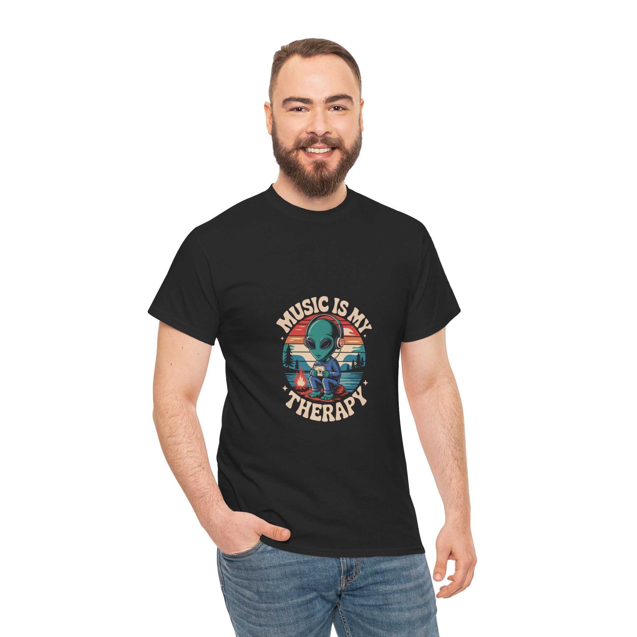 Impressley “Music Is My Therapy” T-Shirt – Funny Alien Headphones Tee for Men & Women | Cute Space Graphic Tee | Music Lover Gift Shirt