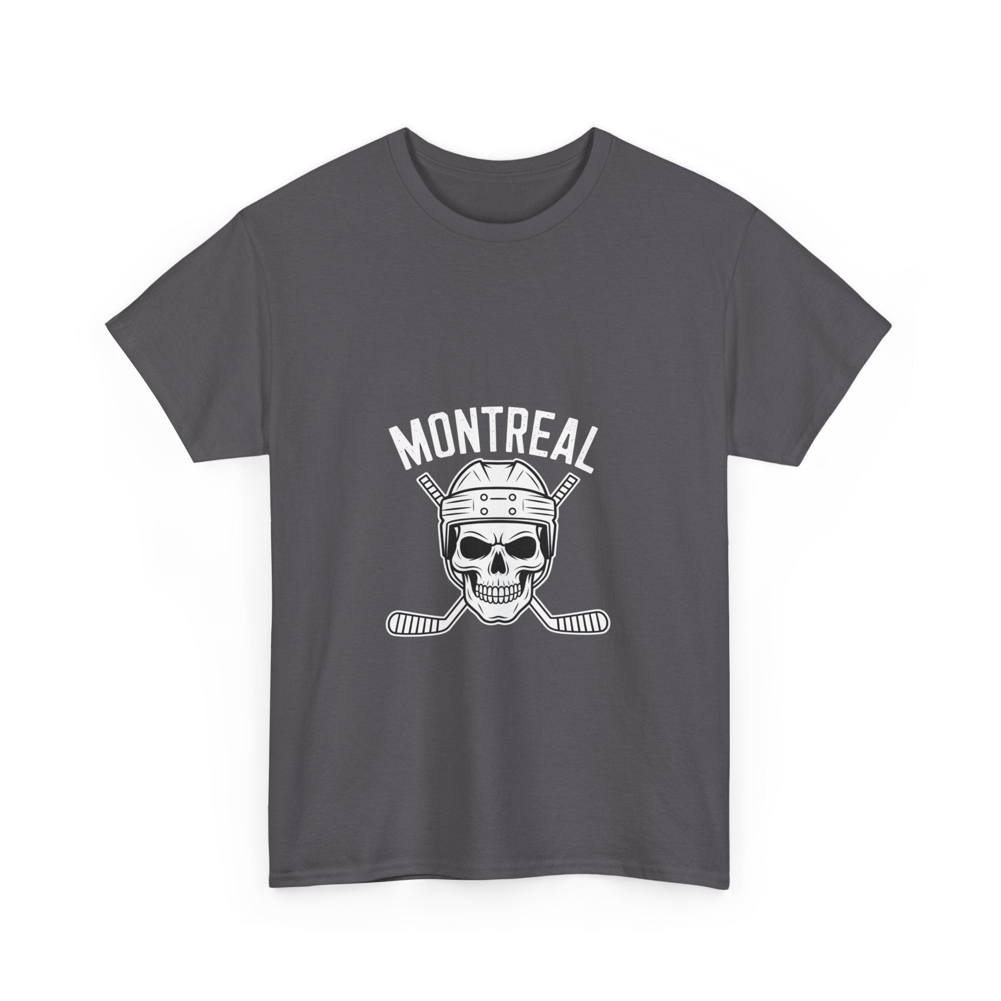Impressley Montreal Hockey Skull T-Shirt – Vintage Ice Hockey Graphic Tee for Men & Women | Canadian Hockey Fan Streetwear | Skull Helmet Crossed Sticks Shirt
