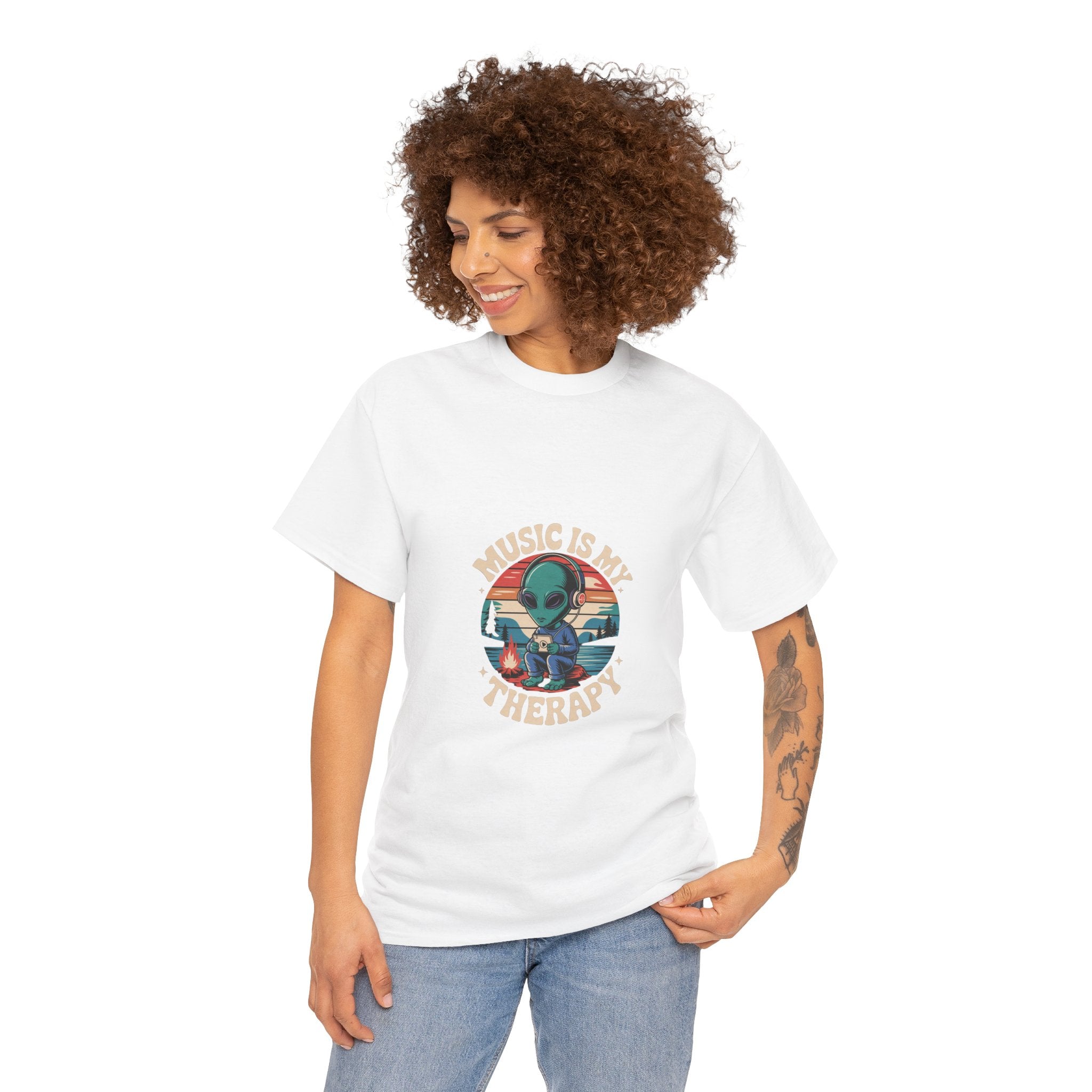 Impressley “Music Is My Therapy” T-Shirt – Funny Alien Headphones Tee for Men & Women | Cute Space Graphic Tee | Music Lover Gift Shirt