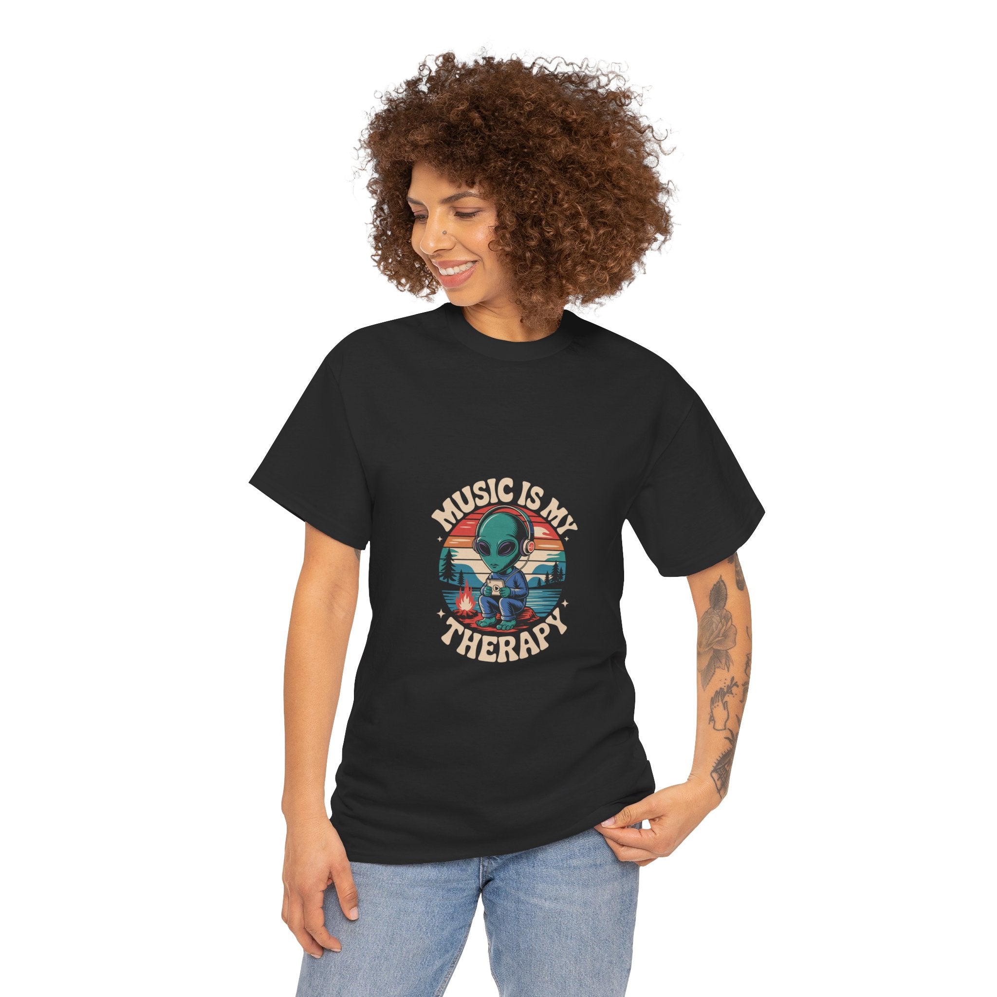 Impressley “Music Is My Therapy” T-Shirt – Funny Alien Headphones Tee for Men & Women | Cute Space Graphic Tee | Music Lover Gift Shirt