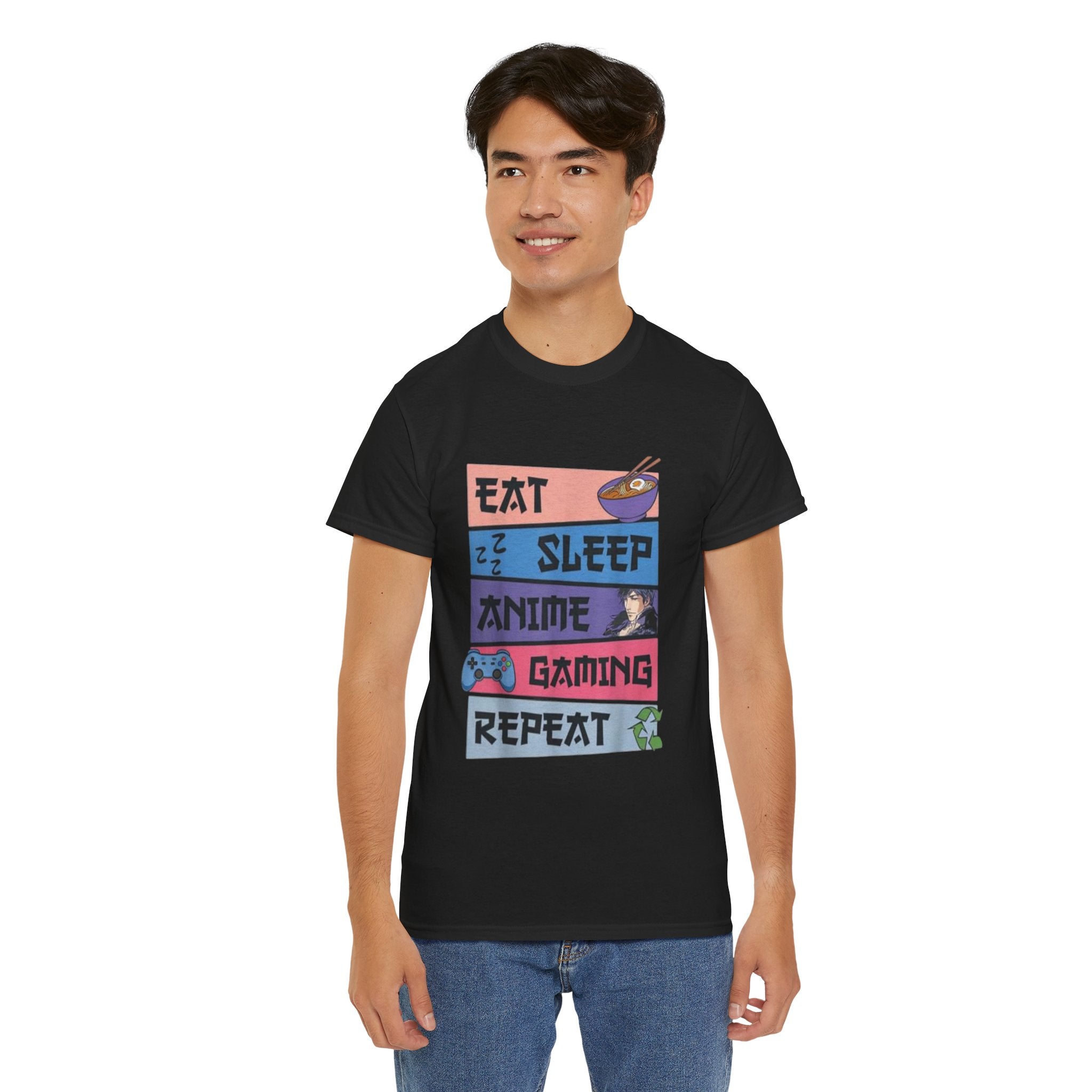 Impressley Eat Sleep Anime Gaming Repeat T-Shirt – Funny Gamer Otaku Tee for Men, Women & Teens, Casual Japanese Cartoon Gaming Shirt