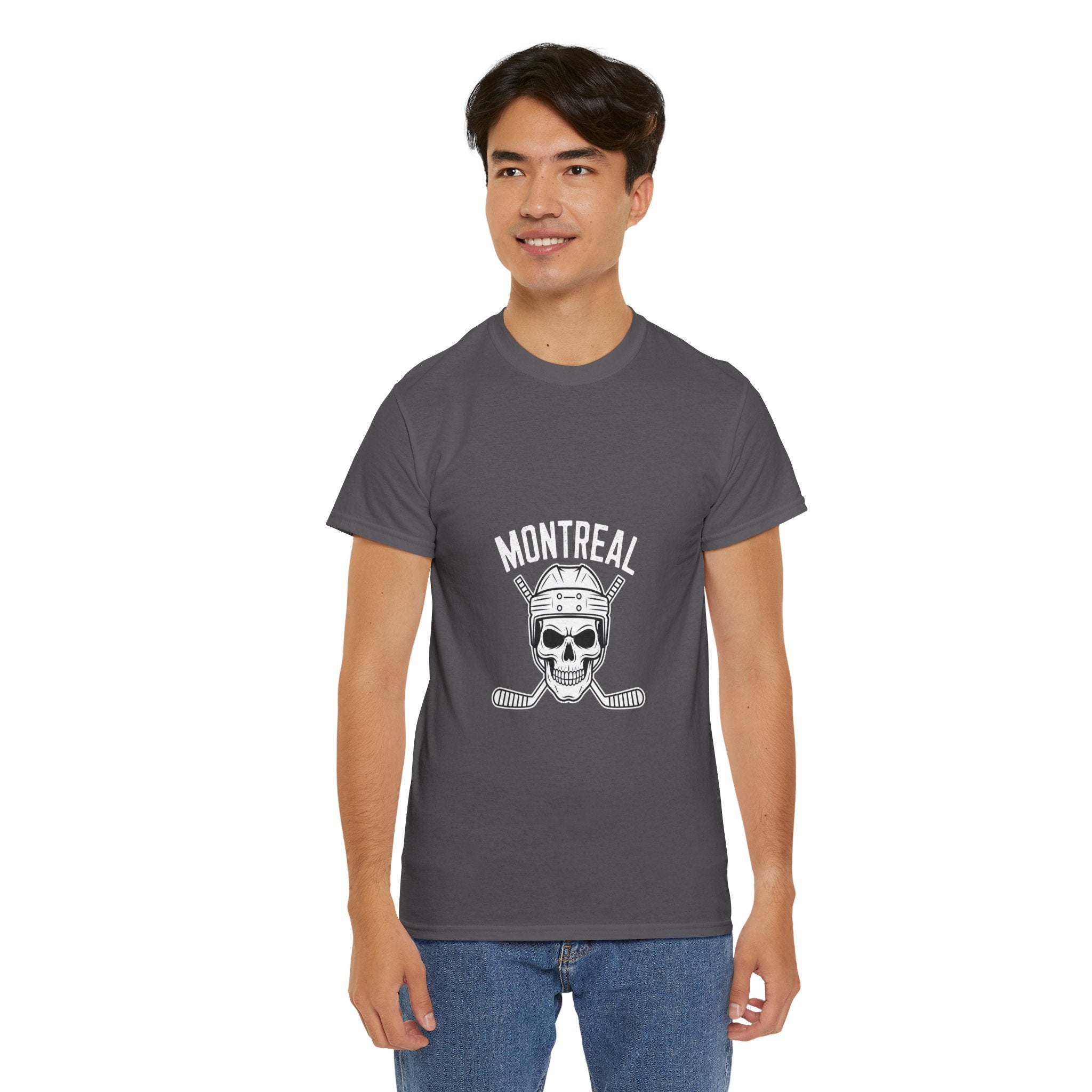 Impressley Montreal Hockey Skull T-Shirt – Vintage Ice Hockey Graphic Tee for Men & Women | Canadian Hockey Fan Streetwear | Skull Helmet Crossed Sticks Shirt