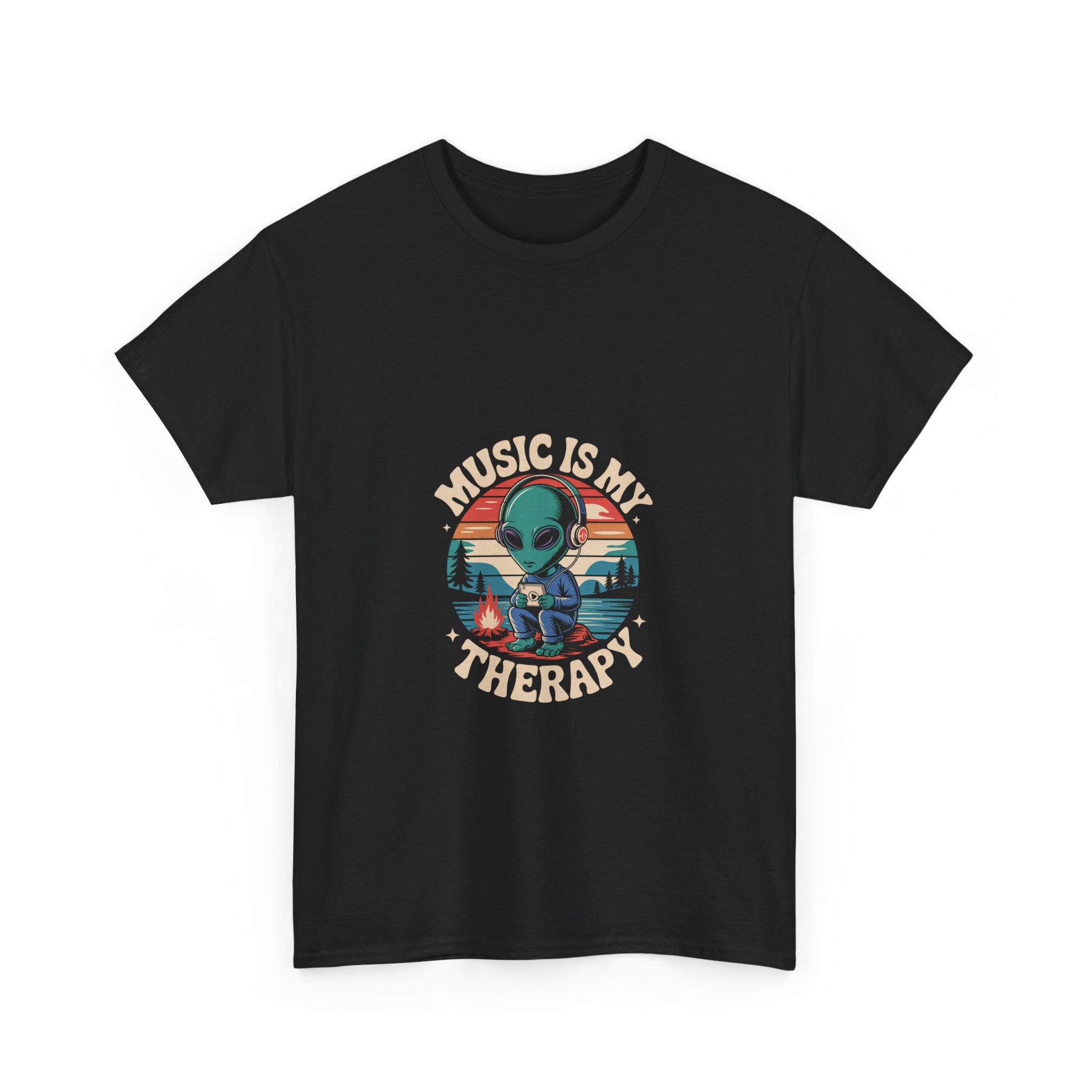 Impressley “Music Is My Therapy” T-Shirt – Funny Alien Headphones Tee for Men & Women | Cute Space Graphic Tee | Music Lover Gift Shirt