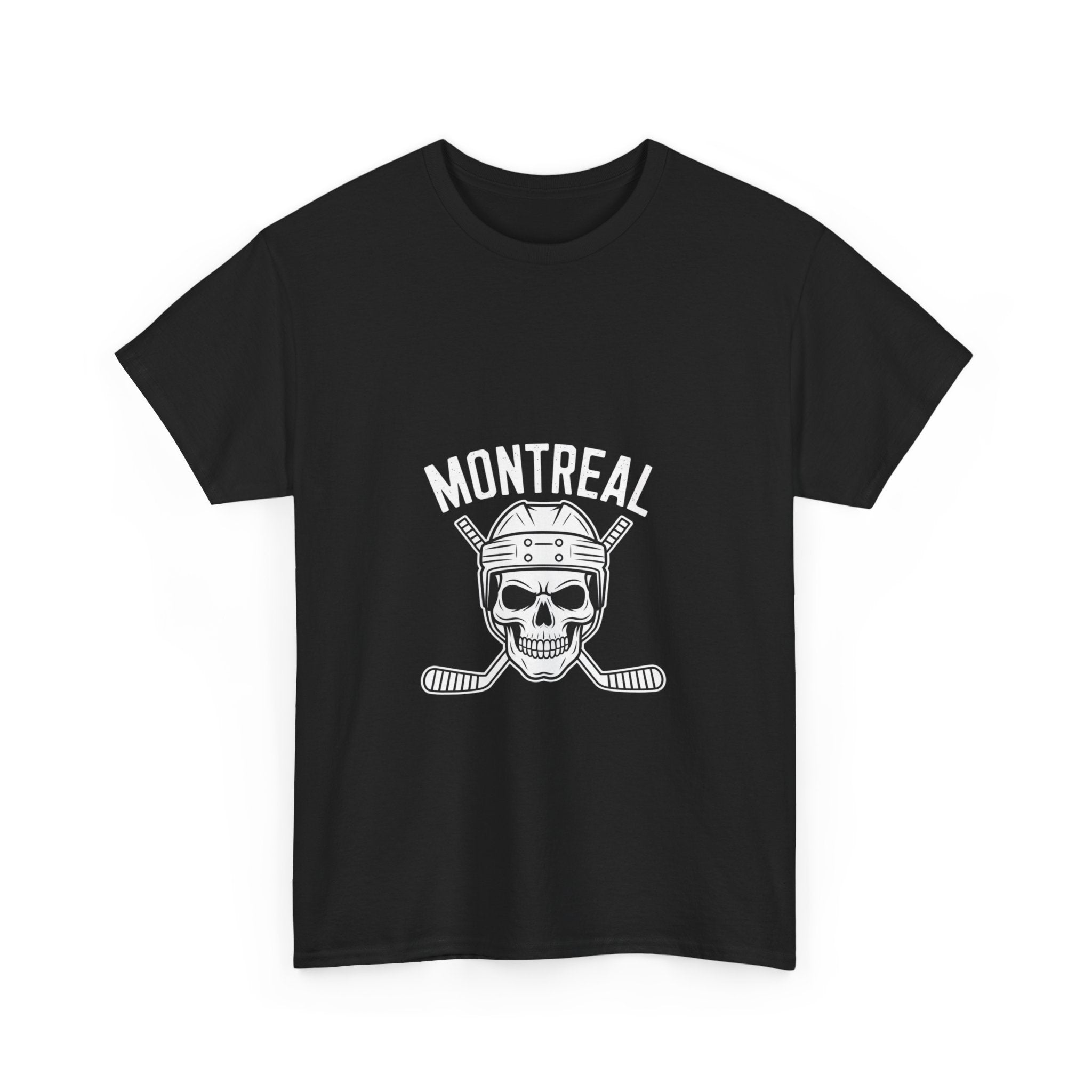 Impressley Montreal Hockey Skull T-Shirt – Vintage Ice Hockey Graphic Tee for Men & Women | Canadian Hockey Fan Streetwear | Skull Helmet Crossed Sticks Shirt