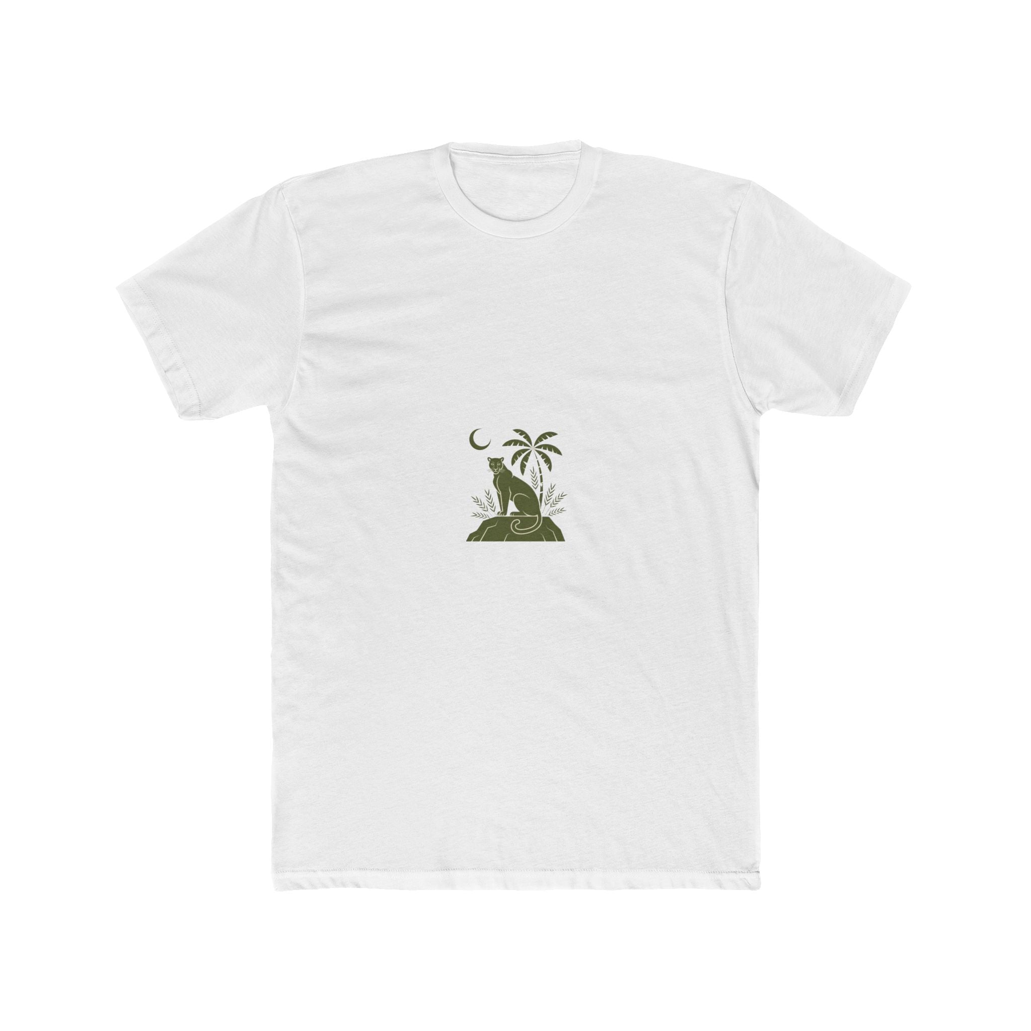 Impressley Jungle Cat Graphic T-Shirt – Minimalist Design with Palm Tree and Crescent Moon – Unique Casual Wear for Men and Women