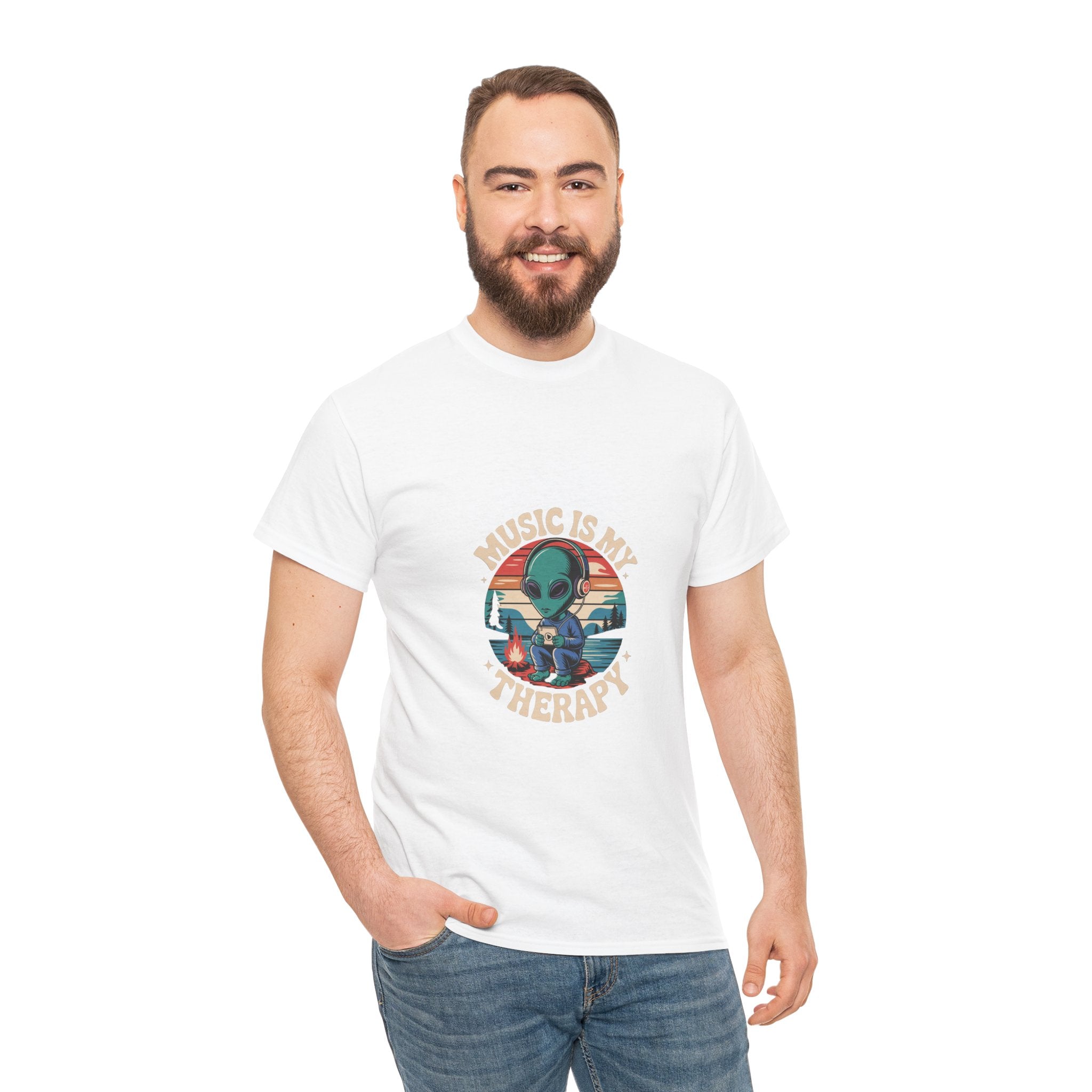Impressley “Music Is My Therapy” T-Shirt – Funny Alien Headphones Tee for Men & Women | Cute Space Graphic Tee | Music Lover Gift Shirt