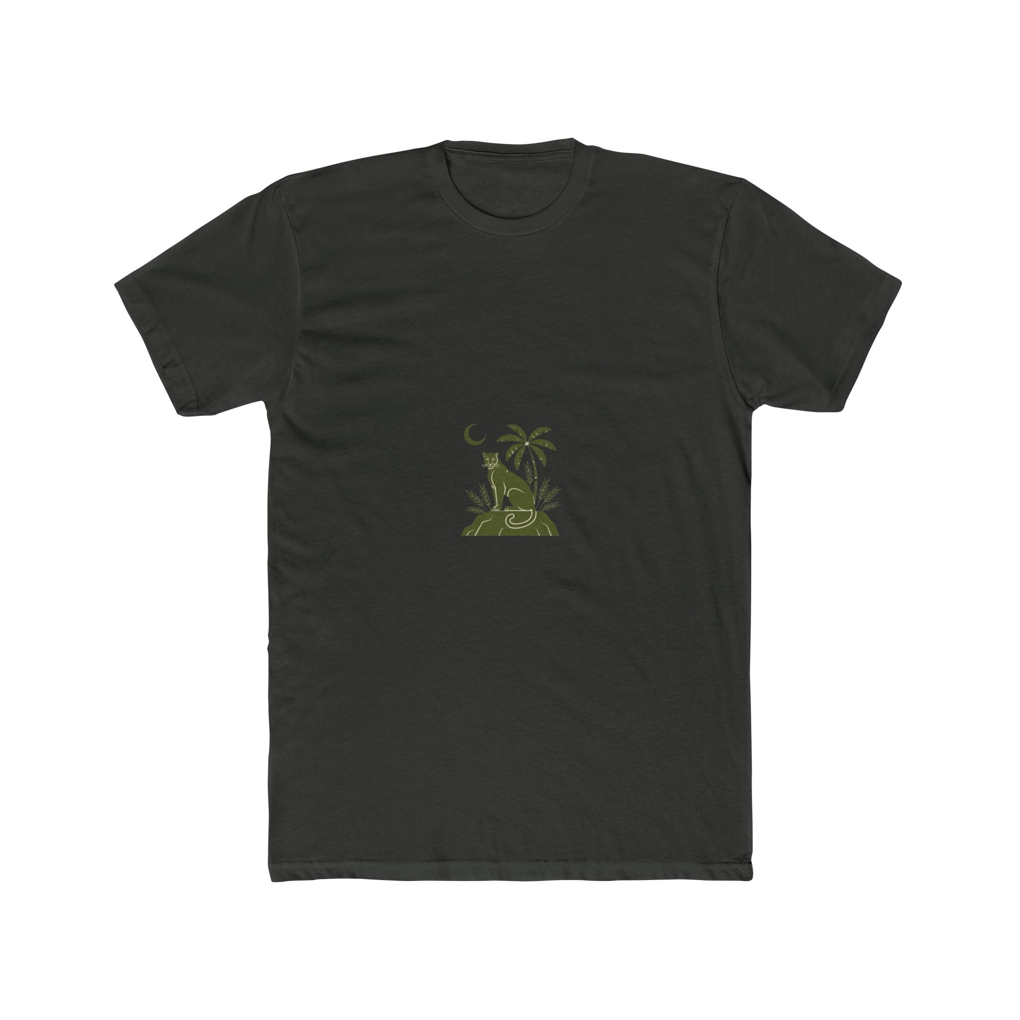 Impressley Jungle Cat Graphic T-Shirt – Minimalist Design with Palm Tree and Crescent Moon – Unique Casual Wear for Men and Women