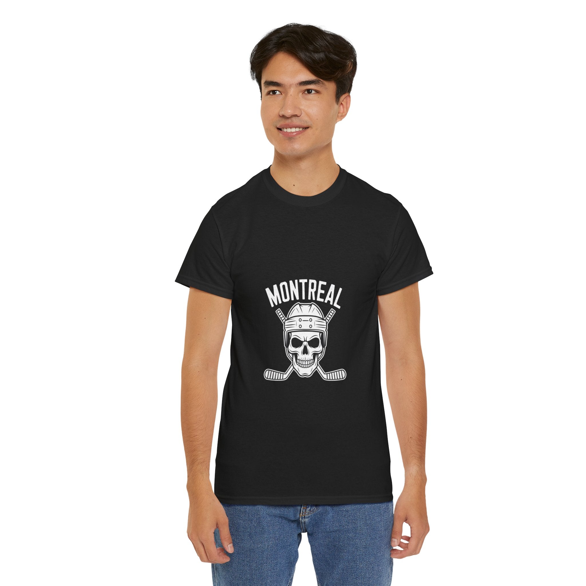 Impressley Montreal Hockey Skull T-Shirt – Vintage Ice Hockey Graphic Tee for Men & Women | Canadian Hockey Fan Streetwear | Skull Helmet Crossed Sticks Shirt
